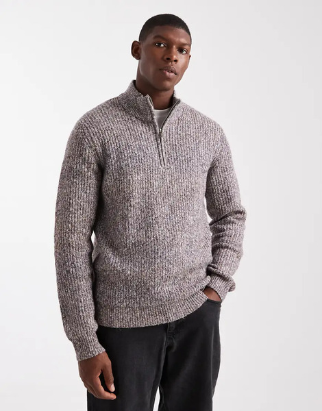  Threadbare 1/4 Zip Knitted Jumper In Brown 