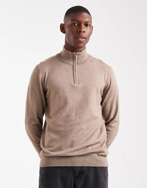  Threadbare 1/4 Zip Knitted Jumper In Taupe Neutral 