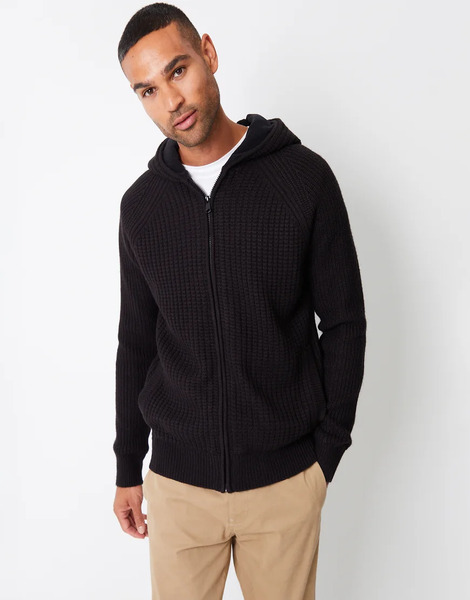  Threadbare Zip Up Knitted Hoodie With Microfleece Lining In Black 