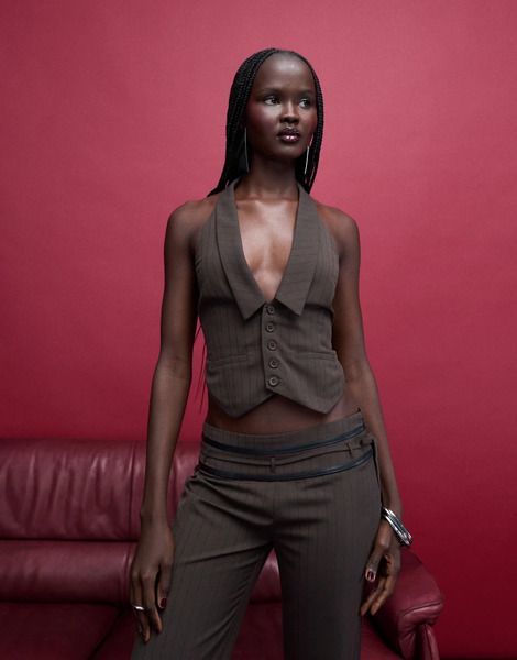  Tiger Mist Fedra Tailored Halterneck Strappy Open Tie Back Collar Detail Waistcoat Top Co Ord In Chocolate Brown 