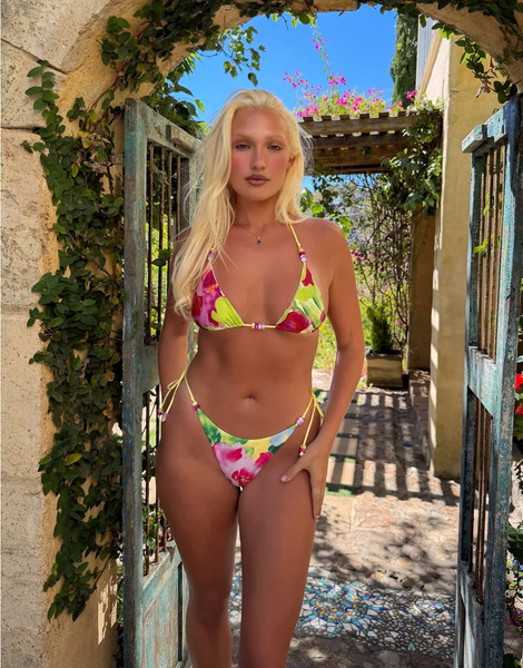  Tiger Mist Finlea Reversible Contrast Tie Bead Detail Bikini Top Co Ord In Pink And Lime Floral Multi 