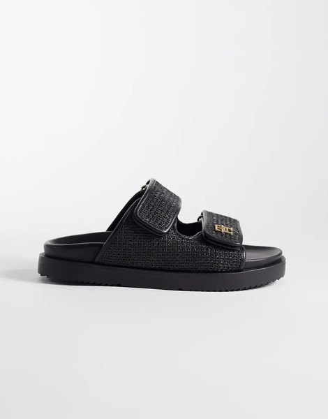  Tommy Hilfiger Double Strap Raffia Sandal In Black 