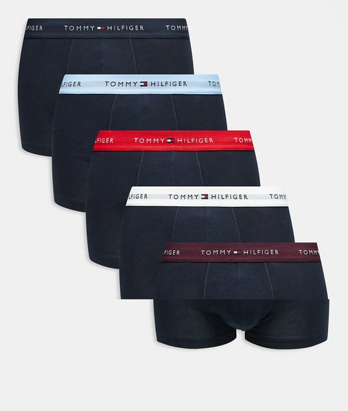  Tommy Hilfiger Signature Cotton Essentials 5 Pack Trunks In Navy With Red/white/blue Waistbands Multi 