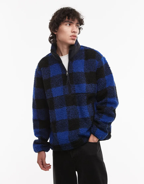  Tommy Hilfiger Teddy Fleece Pullover In Blue Check 