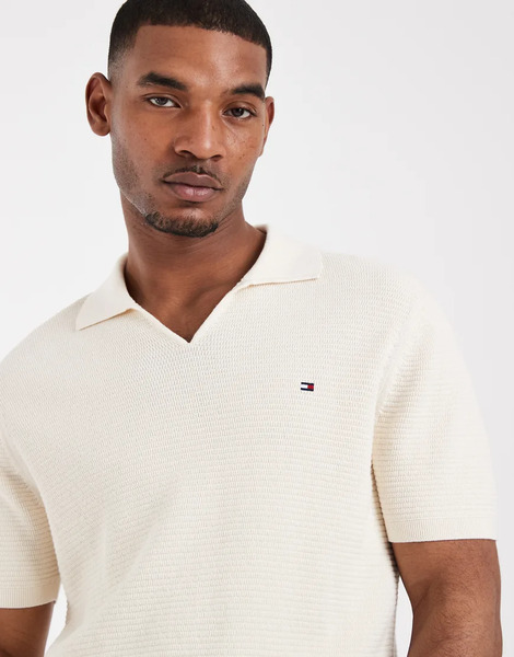  Tommy Hilfiger Textured V Neck Collared Sweater Top In White 