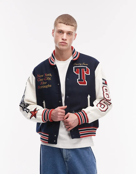  Tommy Jeans Graphic Patch Logo Varsity Jacket With Leather Sleeves In Navy 