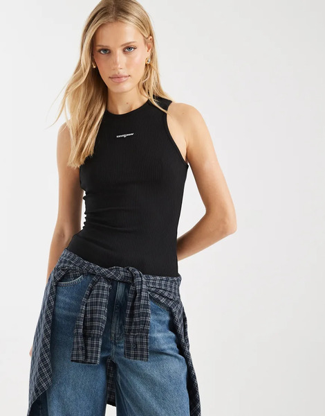  Tommy Jeans Script Logo Slim Fit Ribbed Vest In Black 