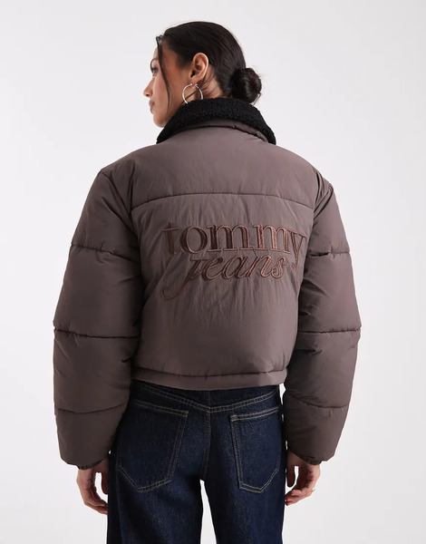  Tommy Jeans Teddy Collar Puffer Jacket In Brown 
