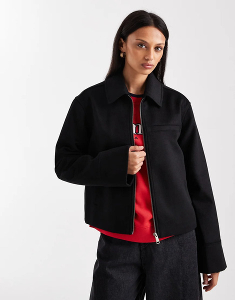  Tommy Jeans Zip Front Wool Collared Jacket In Black 