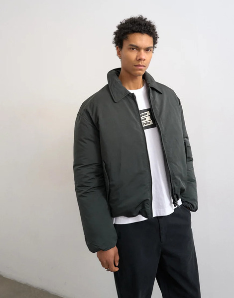  Topman Collared Puffer Jacket In Black Green 