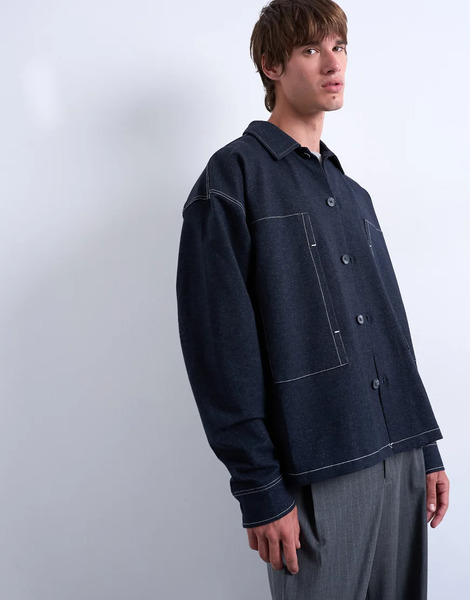  Topman Denim Look Jersey Shacket In Navy 