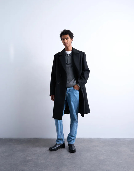  Topman Double Breasted Wool Blend Overcoat In Black Grey 