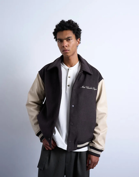  Topman Embroidered Varsity Jacket In Brown 