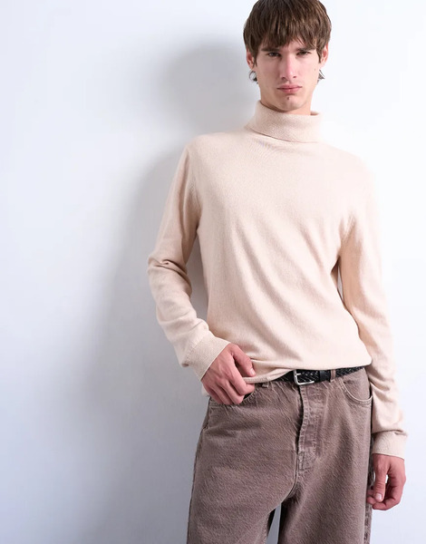  Topman Essential Knitted Roll Neck In Stone Neutral 