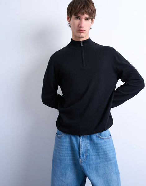  Topman Essential Knitted 1/4 Zip Funnel In Black 