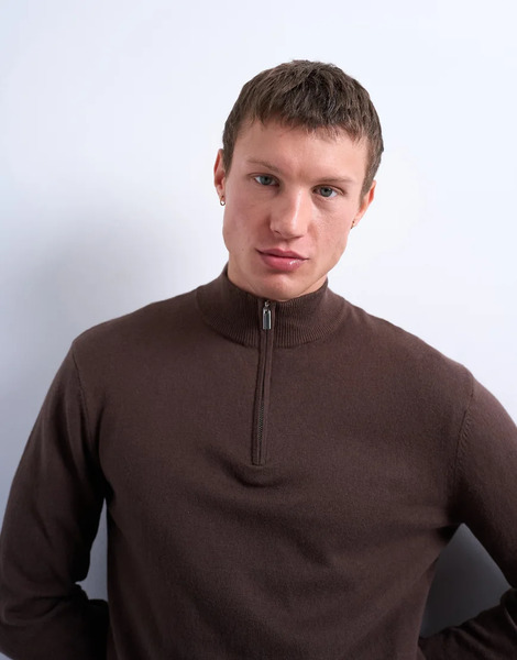  Topman Essential Knitted 1/4 Zip Funnel In Brown 