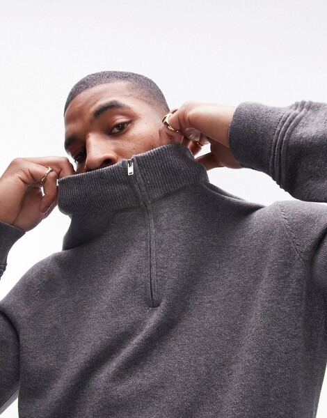  Topman Essentials 1/4 Zip In Charcoal Grey 