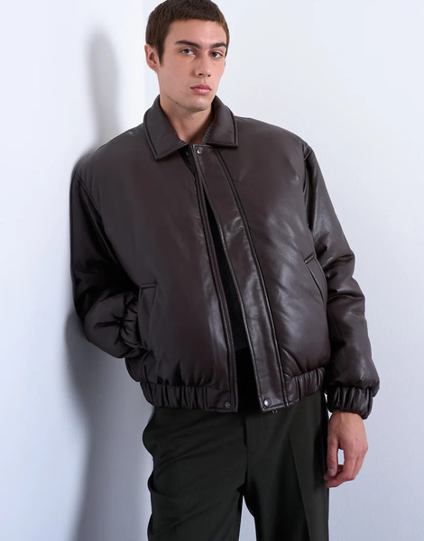  Topman Faux Leather Puffer Jacket In Chocolate Brown 