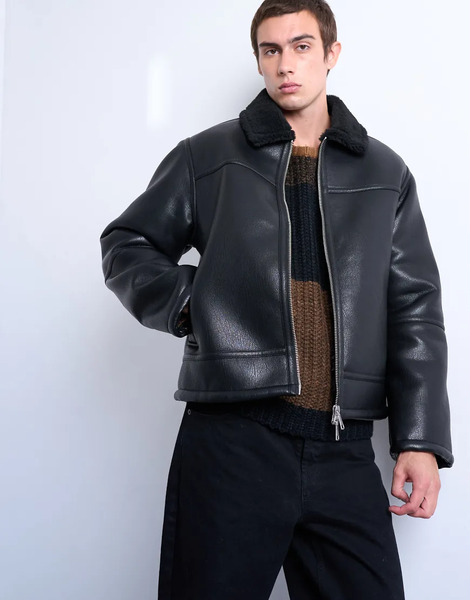  Topman Faux Shearling Jacket With Zip Pockets In Black 