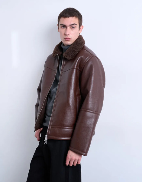  Topman Faux Shearling Jacket With Zip Pockets In Brown 