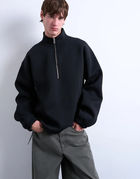  Topman Half Zip Funnel Scuba Style Fabric Pullover In Black 