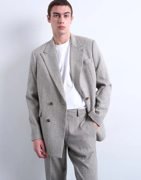  Topman Herringbone Double Breasted Blazer In Stone Neutral 
