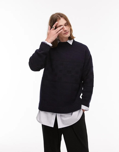  Topman Mixed Pattern Crew Jumper In Navy 