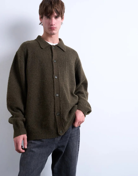  Topman Oversized Fit Button Through Cardigan In Khaki Green 