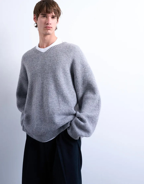  Topman Oversized Fit V Neck Jumper In Grey 