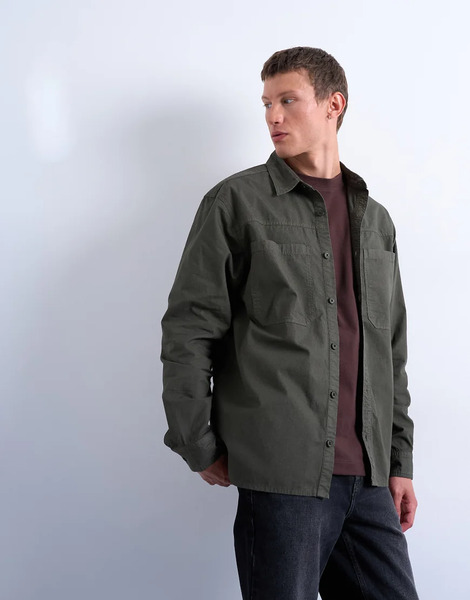  Topman Regular Fit Ripstop Overshirt In Washed Khaki Green 