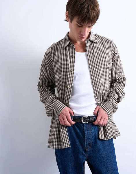  Topman Regular Fit Textured Gingham Check Shirt In Brown 