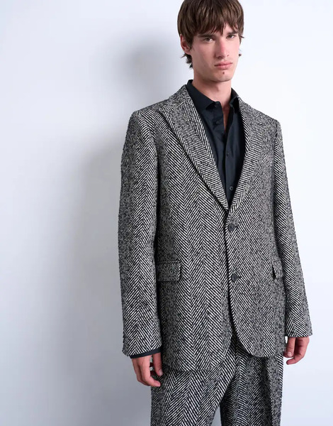  Topman Relaxed Herringbone Wool Blend Blazer In Black 