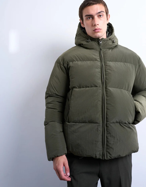  Topman Textured Puffer Jacket In Dark Khaki Green 