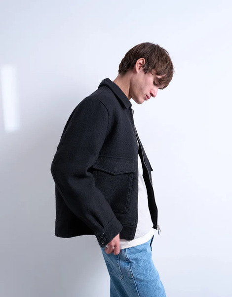  Topman Wool Blend Zip Through Shacket In Dark Grey 
