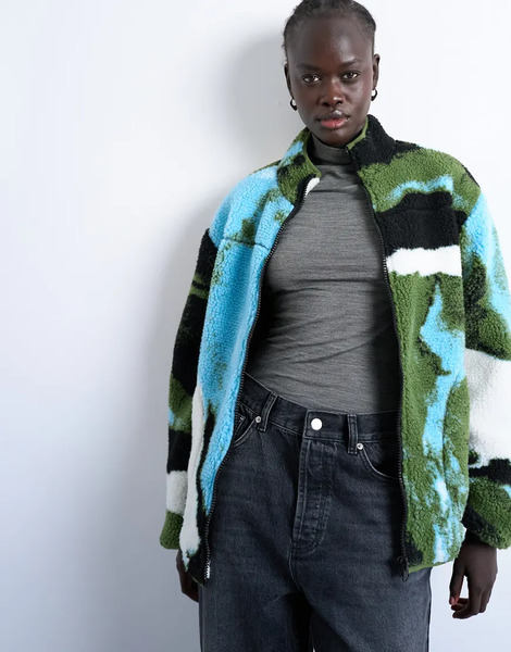  Topshop Abstract Trend Printed Borg Fleece Jacket In Multi 
