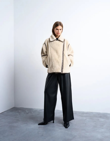  Topshop Borg Aviator Oversized Jacket In Cream Brown 