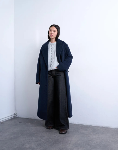  Topshop 3 Button Brushed Coat With Wool In Navy 