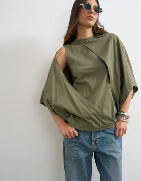  Topshop Cape Draped Tee In Khaki Green 