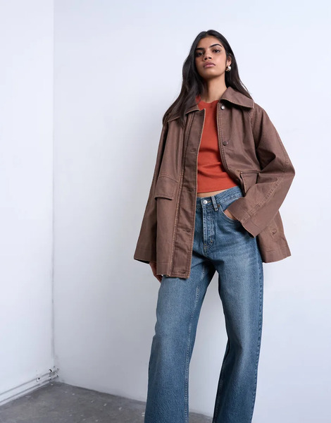  Topshop Denim Oversized Waxed Jacket In Brown 