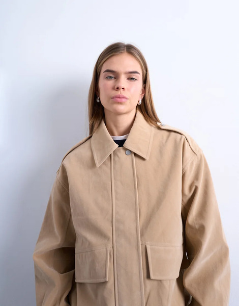  Topshop Faux Suede Oversized Bomber In Stone Neutral 
