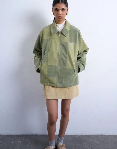 Topshop Faux Suede Patchwork Zip Through Jacket In Green 