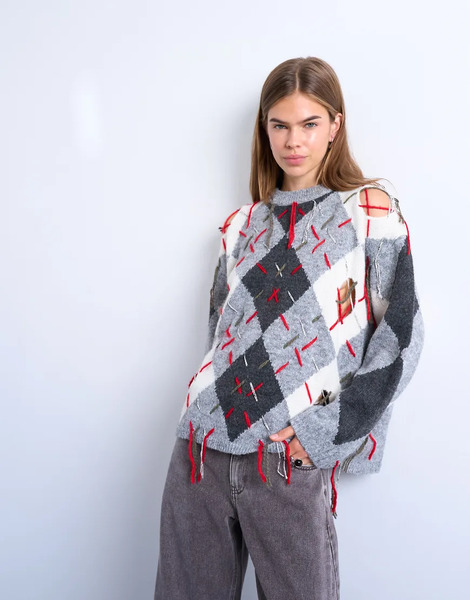 Topshop Knitted Argyle Distressed Jumper Grey 