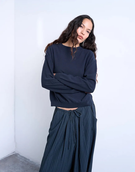  Topshop Knitted Button Back Jumper In Navy 