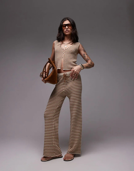  Topshop Knitted Check Pattern Trouser Co Ord Brown 