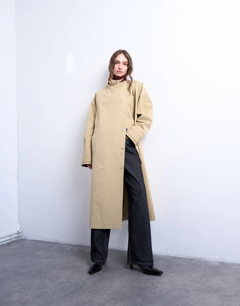  Topshop Longline Oversized Funnel Trench Coat With Contrast Collar And Buckle Detail In Beige Neutral 