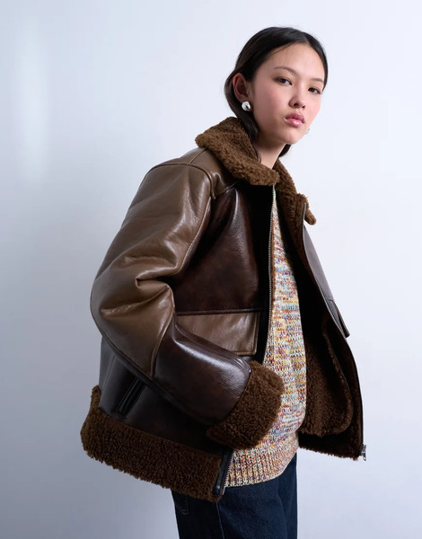  Topshop Shearling Patchwork Faux Leather Jacket In Brown 