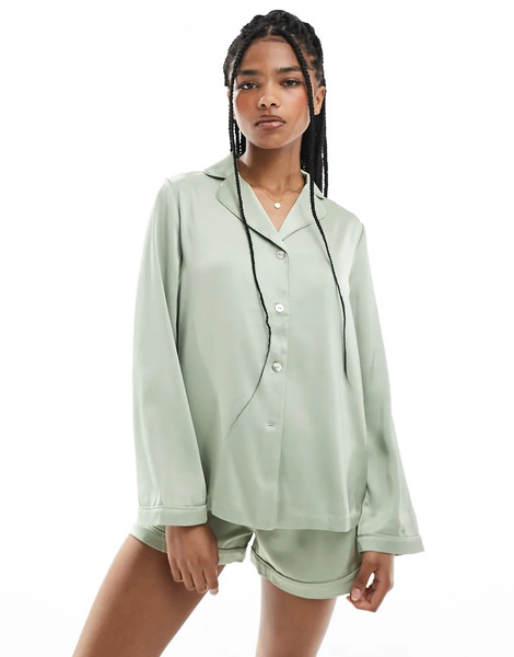 True Decadence Button Shirt Pyjama Set In Sage Green 