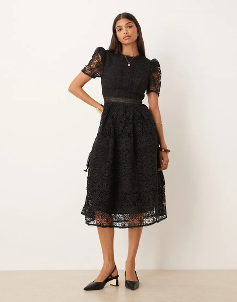  True Decadence Puff Sleeve Midi Dress In Black 