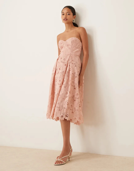  True Decadence Strapless Midi Dress In Dusty Pink Cutwork 