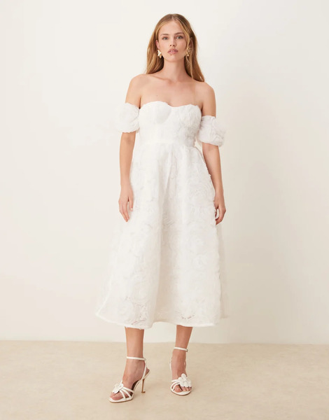  True Decadence Strapless Midi Dress In White Applique Mesh 